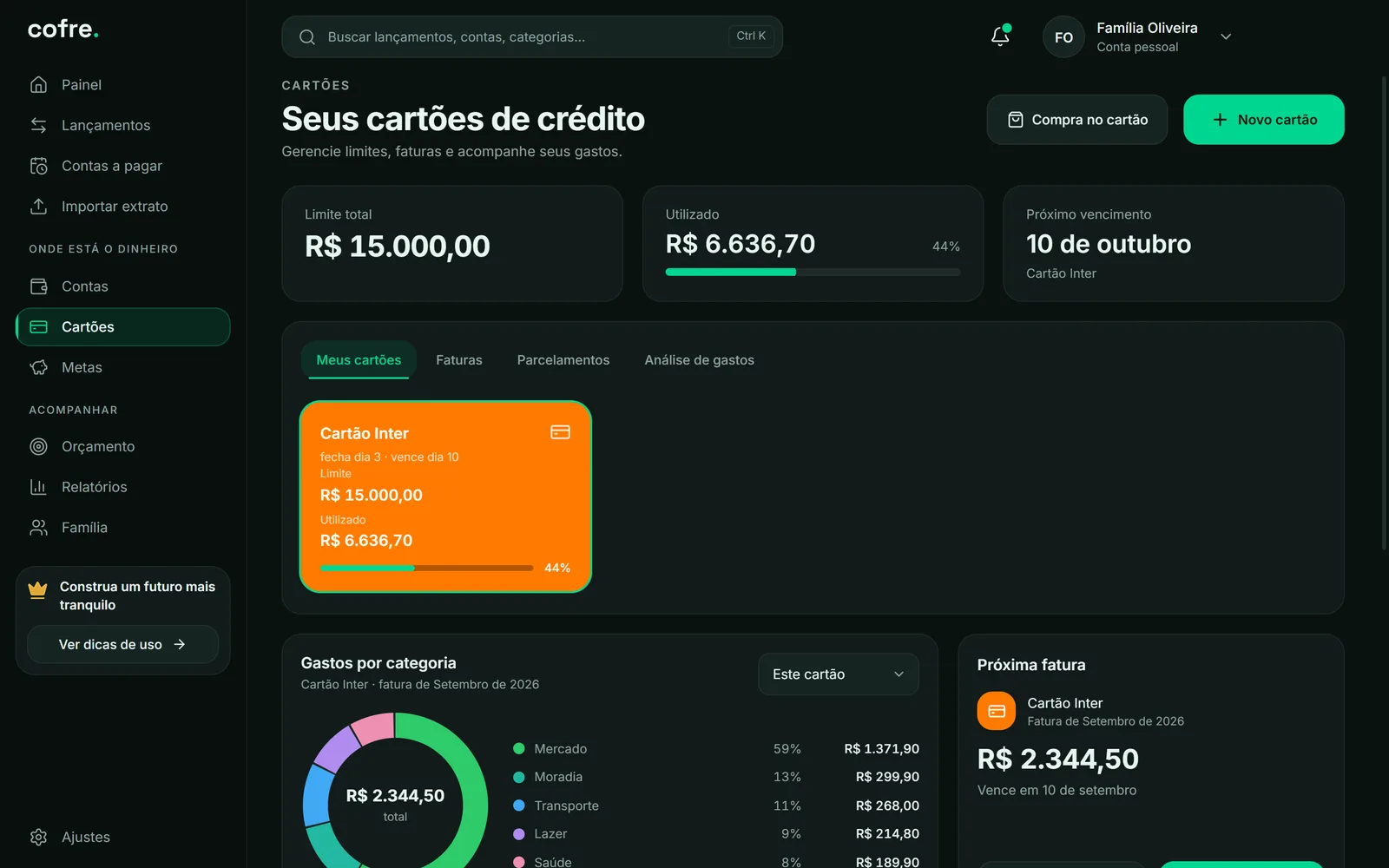 Tela de cartões do Cofre com limite, fatura e gastos por categoria