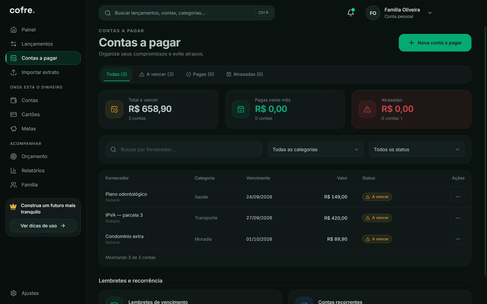 Tela de contas a pagar do Cofre com vencimentos dos próximos dias