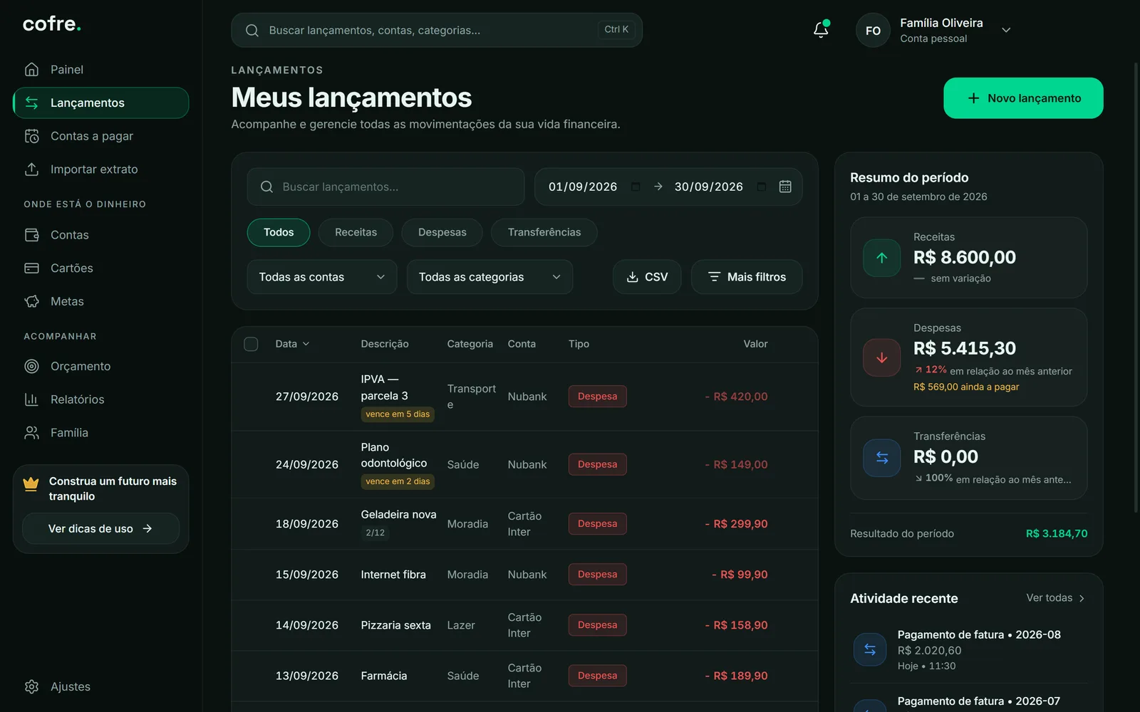 Lista de lançamentos do Cofre com categorias e contas