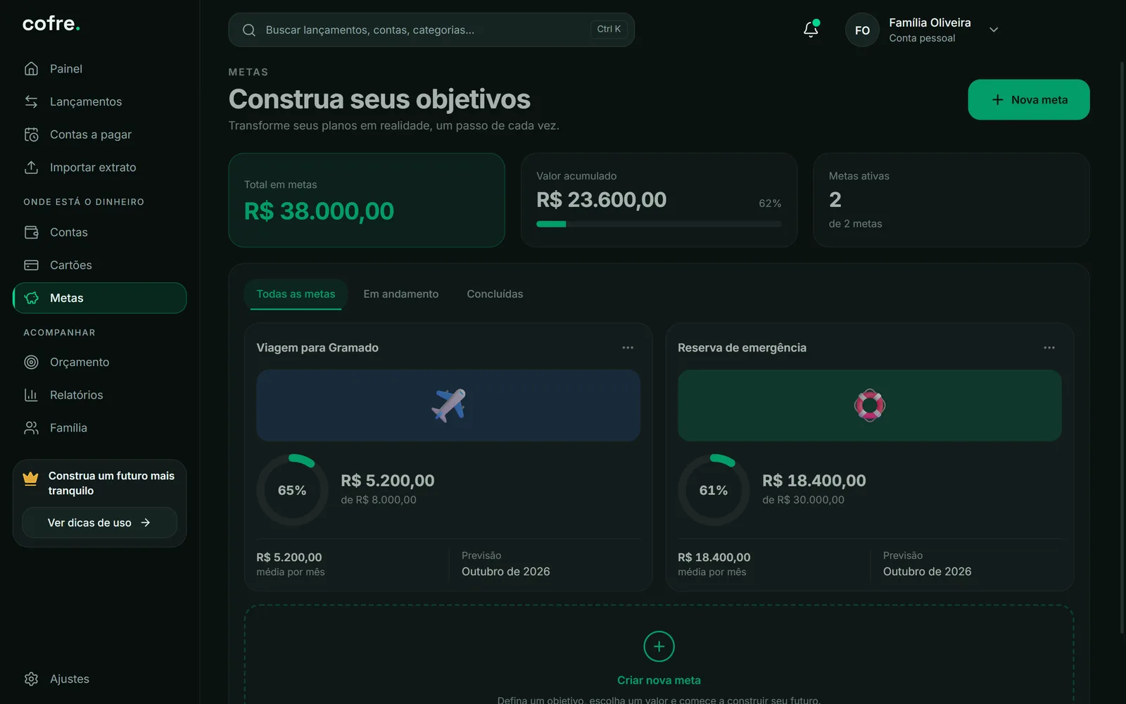 Tela de metas do Cofre com viagem e reserva de emergência
